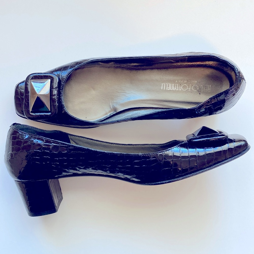 Black Patent Square-Toe Heels with Silver Accent